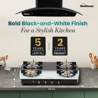 SGM 4 Burner Gas Stove with Auto-Ignition | 1 Jumbo, 1 Medium, 2 Small Brass Burner | Toughened Glass Top