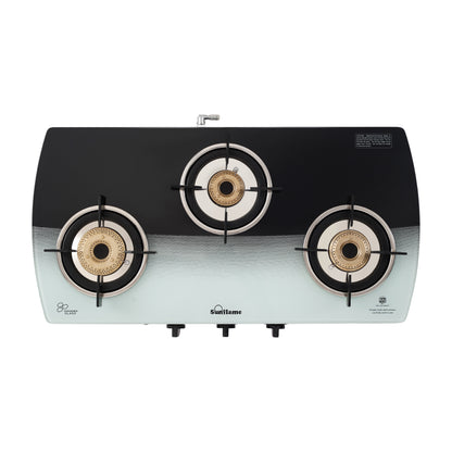 SGM 3 Burner Gas Stove with Auto-Ignition | 1 Jumbo, 1 Medium, 1 Small Brass Burner | Toughened Glass Top