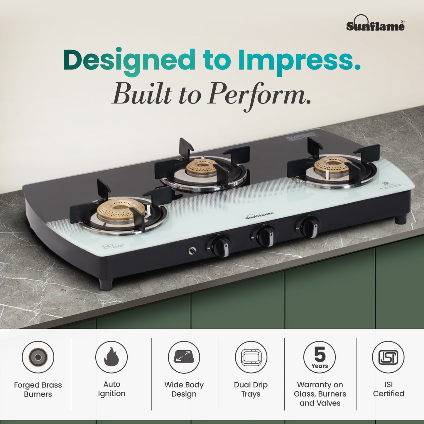 SGM 3 Burner Gas Stove with Auto-Ignition | 1 Jumbo, 1 Medium, 1 Small Brass Burner | Toughened Glass Top