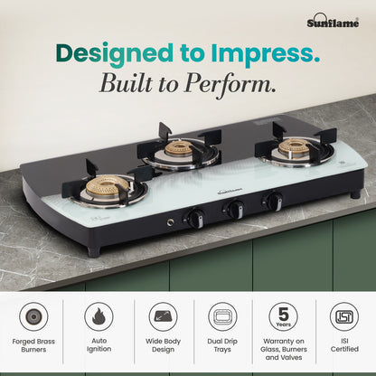 SGM 3 Burner Gas Stove with Auto-Ignition | 1 Jumbo, 1 Medium, 1 Small Brass Burner | Toughened Glass Top