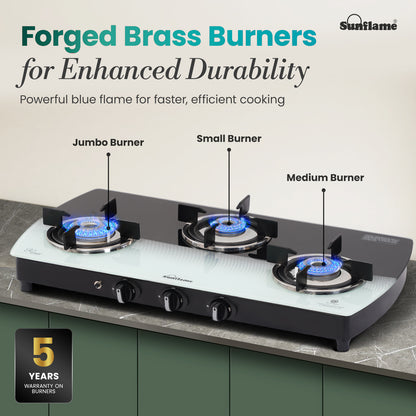 SGM 3 Burner Gas Stove with Auto-Ignition | 1 Jumbo, 1 Medium, 1 Small Brass Burner | Toughened Glass Top