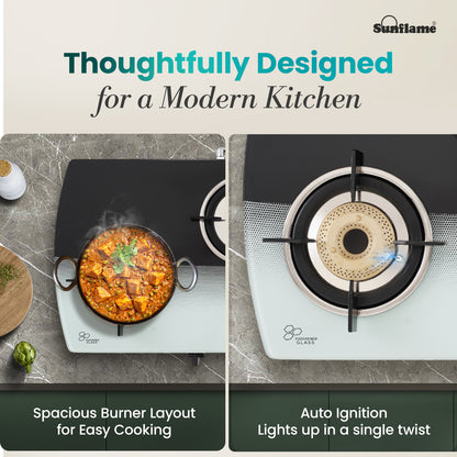 SGM 3 Burner Gas Stove with Auto-Ignition | 1 Jumbo, 1 Medium, 1 Small Brass Burner | Toughened Glass Top