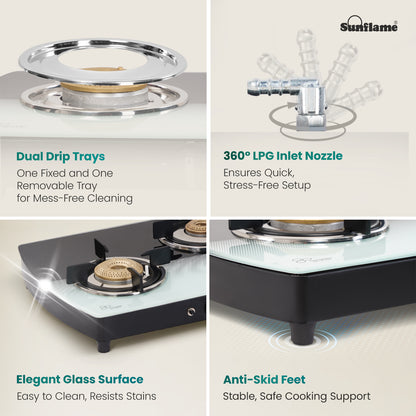 SGM 3 Burner Gas Stove with Auto-Ignition | 1 Jumbo, 1 Medium, 1 Small Brass Burner | Toughened Glass Top