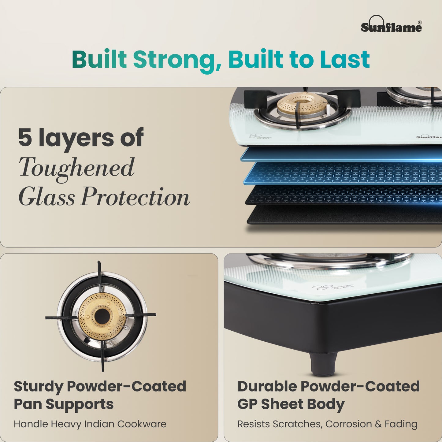 SGM 3 Burner Gas Stove with Auto-Ignition | 1 Jumbo, 1 Medium, 1 Small Brass Burner | Toughened Glass Top