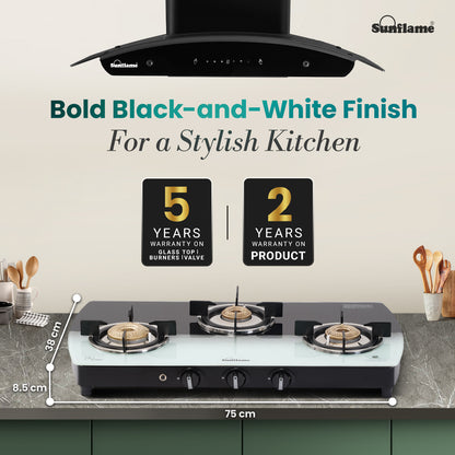 SGM 3 Burner Gas Stove with Auto-Ignition | 1 Jumbo, 1 Medium, 1 Small Brass Burner | Toughened Glass Top