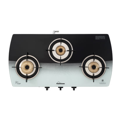 SGM 3 Burner Gas Stove | 1 Jumbo, 1 Medium, 1 Small Brass Burner | Toughened Glass Top