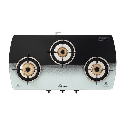 SGM 3 Burner Gas Stove | 1 Jumbo, 1 Medium, 1 Small Brass Burner | Toughened Glass Top