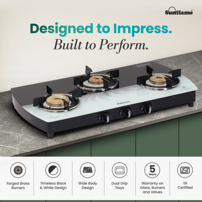 SGM 3 Burner Gas Stove | 1 Jumbo, 1 Medium, 1 Small Brass Burner | Toughened Glass Top