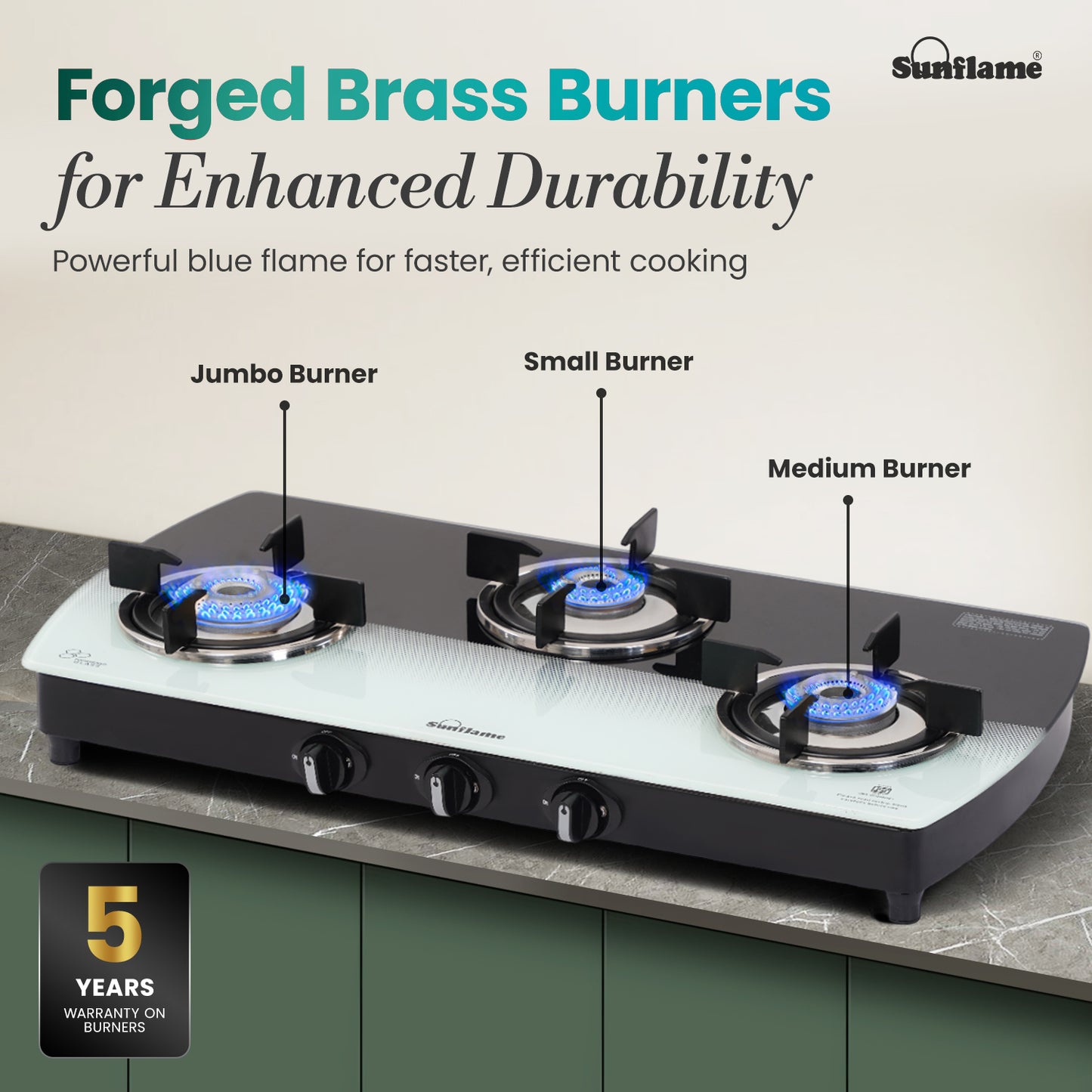 SGM 3 Burner Gas Stove | 1 Jumbo, 1 Medium, 1 Small Brass Burner | Toughened Glass Top