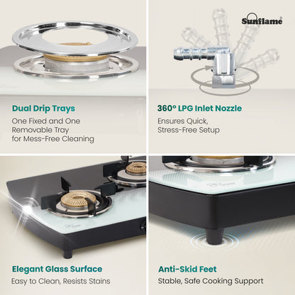SGM 3 Burner Gas Stove | 1 Jumbo, 1 Medium, 1 Small Brass Burner | Toughened Glass Top