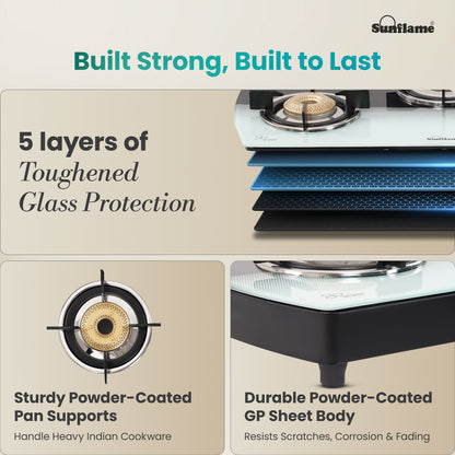 SGM 3 Burner Gas Stove | 1 Jumbo, 1 Medium, 1 Small Brass Burner | Toughened Glass Top