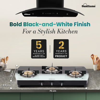 SGM 3 Burner Gas Stove | 1 Jumbo, 1 Medium, 1 Small Brass Burner | Toughened Glass Top