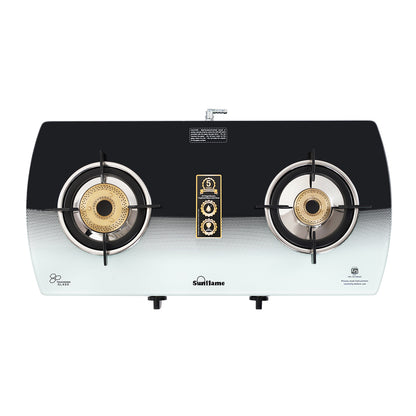 SGM 2 Burner Gas Stove | 1 Jumbo, 1 Small Brass Burner | Toughened Glass Top