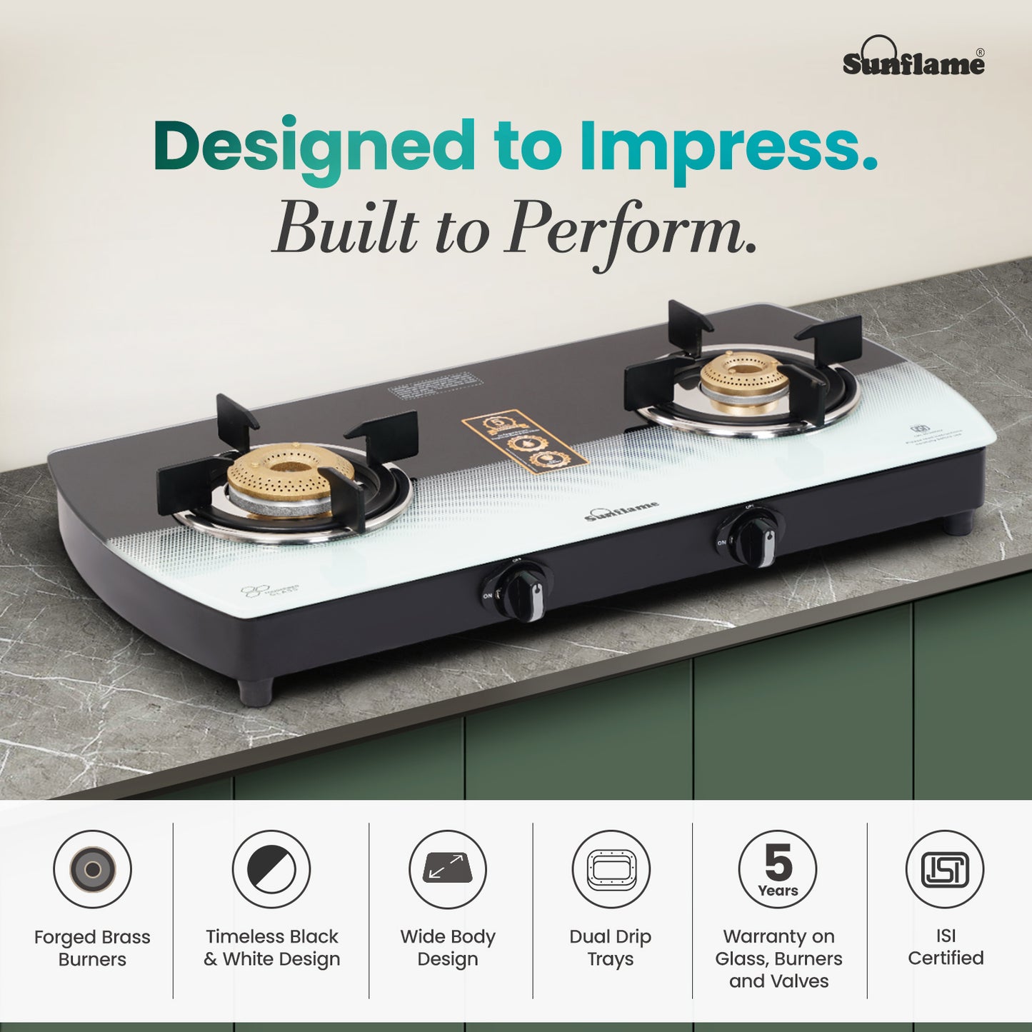 SGM 2 Burner Gas Stove | 1 Jumbo, 1 Small Brass Burner | Toughened Glass Top