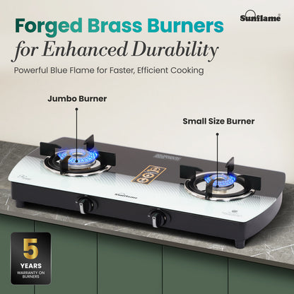 SGM 2 Burner Gas Stove | 1 Jumbo, 1 Small Brass Burner | Toughened Glass Top