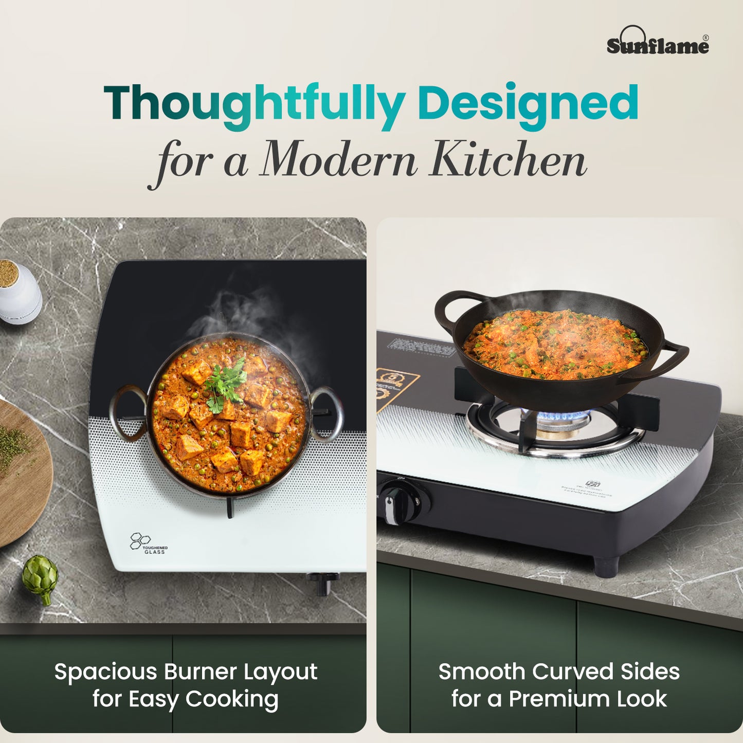 SGM 2 Burner Gas Stove | 1 Jumbo, 1 Small Brass Burner | Toughened Glass Top
