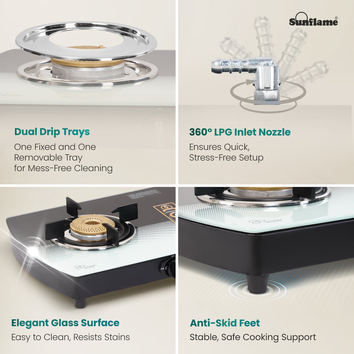 SGM 2 Burner Gas Stove | 1 Jumbo, 1 Small Brass Burner | Toughened Glass Top