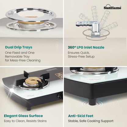 SGM 2 Burner Gas Stove | 1 Jumbo, 1 Small Brass Burner | Toughened Glass Top