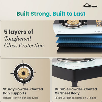 SGM 2 Burner Gas Stove | 1 Jumbo, 1 Small Brass Burner | Toughened Glass Top
