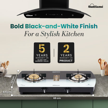 SGM 2 Burner Gas Stove | 1 Jumbo, 1 Small Brass Burner | Toughened Glass Top