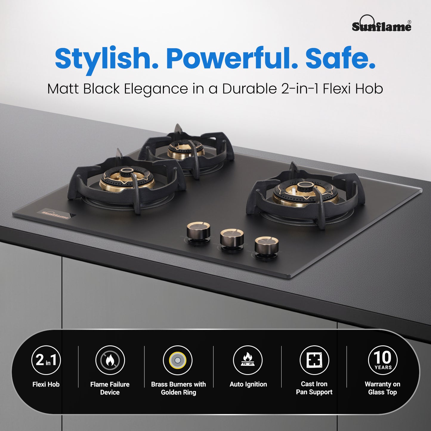 SHA 360 OBR 3 Burner Built-In & Countertop Flexi Hob 60 cm Wide | Flame Failure Device | 10 Year Glasstop Warranty