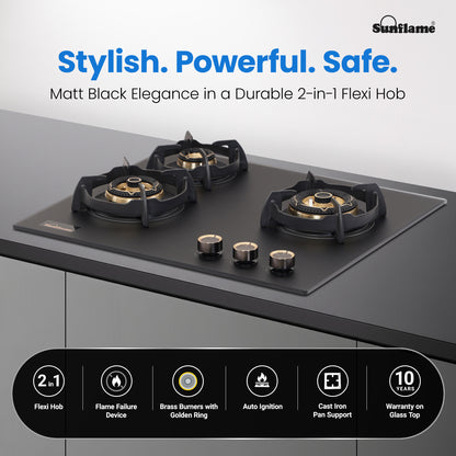 SHA 360 OBR 3 Burner Built-In & Countertop Flexi Hob 60 cm Wide | Flame Failure Device | 10 Year Glasstop Warranty