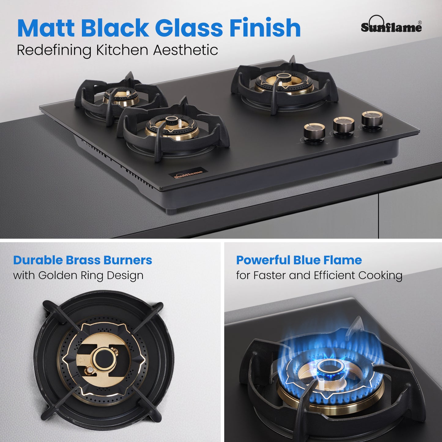 SHA 360 OBR 3 Burner Built-In & Countertop Flexi Hob 60 cm Wide | Flame Failure Device | 10 Year Glasstop Warranty