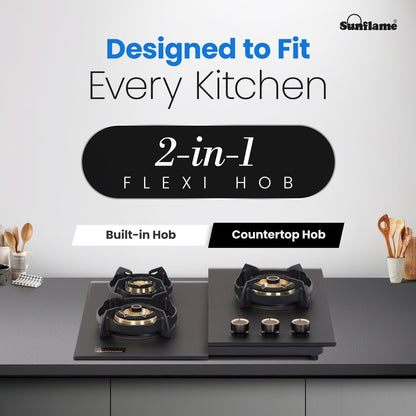 SHA 360 OBR 3 Burner Built-In & Countertop Flexi Hob 60 cm Wide | Flame Failure Device | 10 Year Glasstop Warranty