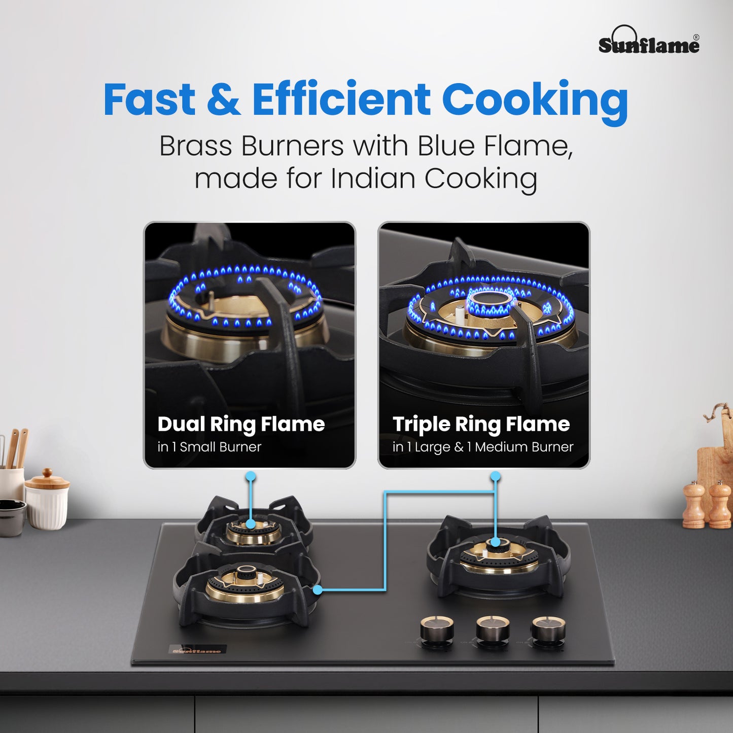 SHA 360 OBR 3 Burner Built-In & Countertop Flexi Hob 60 cm Wide | Flame Failure Device | 10 Year Glasstop Warranty