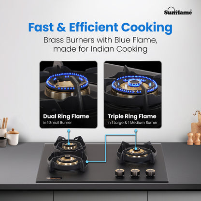 SHA 360 OBR 3 Burner Built-In & Countertop Flexi Hob 60 cm Wide | Flame Failure Device | 10 Year Glasstop Warranty