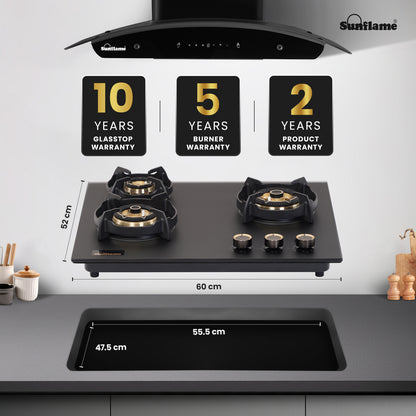 SHA 360 OBR 3 Burner Built-In & Countertop Flexi Hob 60 cm Wide | Flame Failure Device | 10 Year Glasstop Warranty
