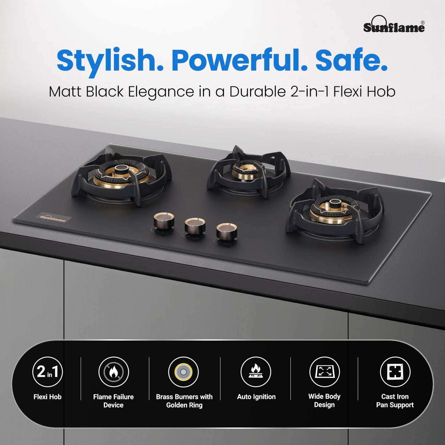SHA 378 OBR 3 Burner Built-In & Countertop Flexi Hob 78 cm Wide | Flame Failure Device | 10 Year Glasstop Warranty