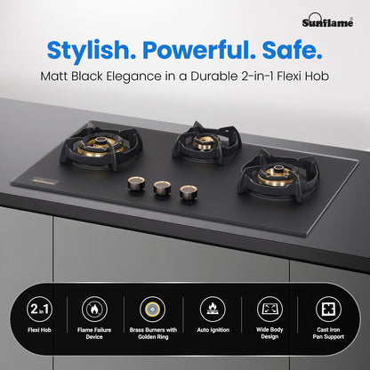 SHA 378 OBR 3 Burner Built-In & Countertop Flexi Hob 78 cm Wide | Flame Failure Device | 10 Year Glasstop Warranty