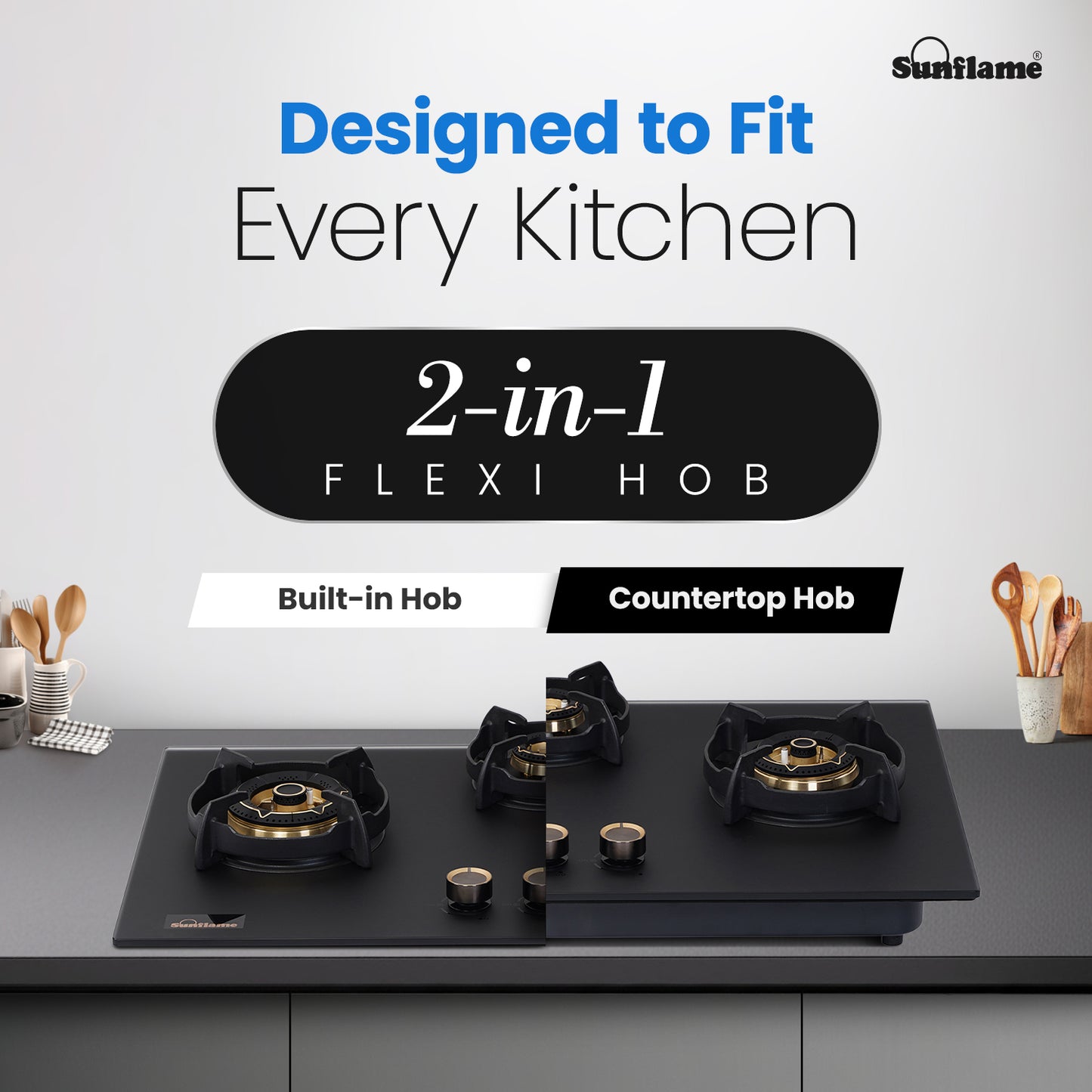 SHA 378 OBR 3 Burner Built-In & Countertop Flexi Hob 78 cm Wide | Flame Failure Device | 10 Year Glasstop Warranty