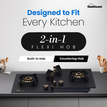 SHA 378 OBR 3 Burner Built-In & Countertop Flexi Hob 78 cm Wide | Flame Failure Device | 10 Year Glasstop Warranty