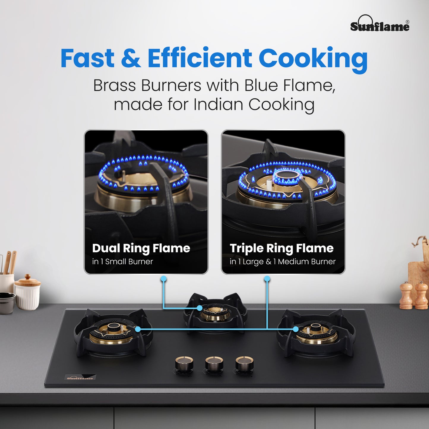 SHA 378 OBR 3 Burner Built-In & Countertop Flexi Hob 78 cm Wide | Flame Failure Device | 10 Year Glasstop Warranty