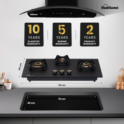 SHA 378 OBR 3 Burner Built-In & Countertop Flexi Hob 78 cm Wide | Flame Failure Device | 10 Year Glasstop Warranty