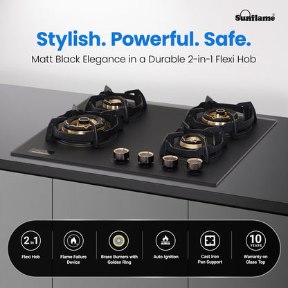 SHA 460 OBR 4 Burner Built-In & Countertop Flexi Hob 60 cm Wide | Flame Failure Device | 10 Year Glasstop Warranty