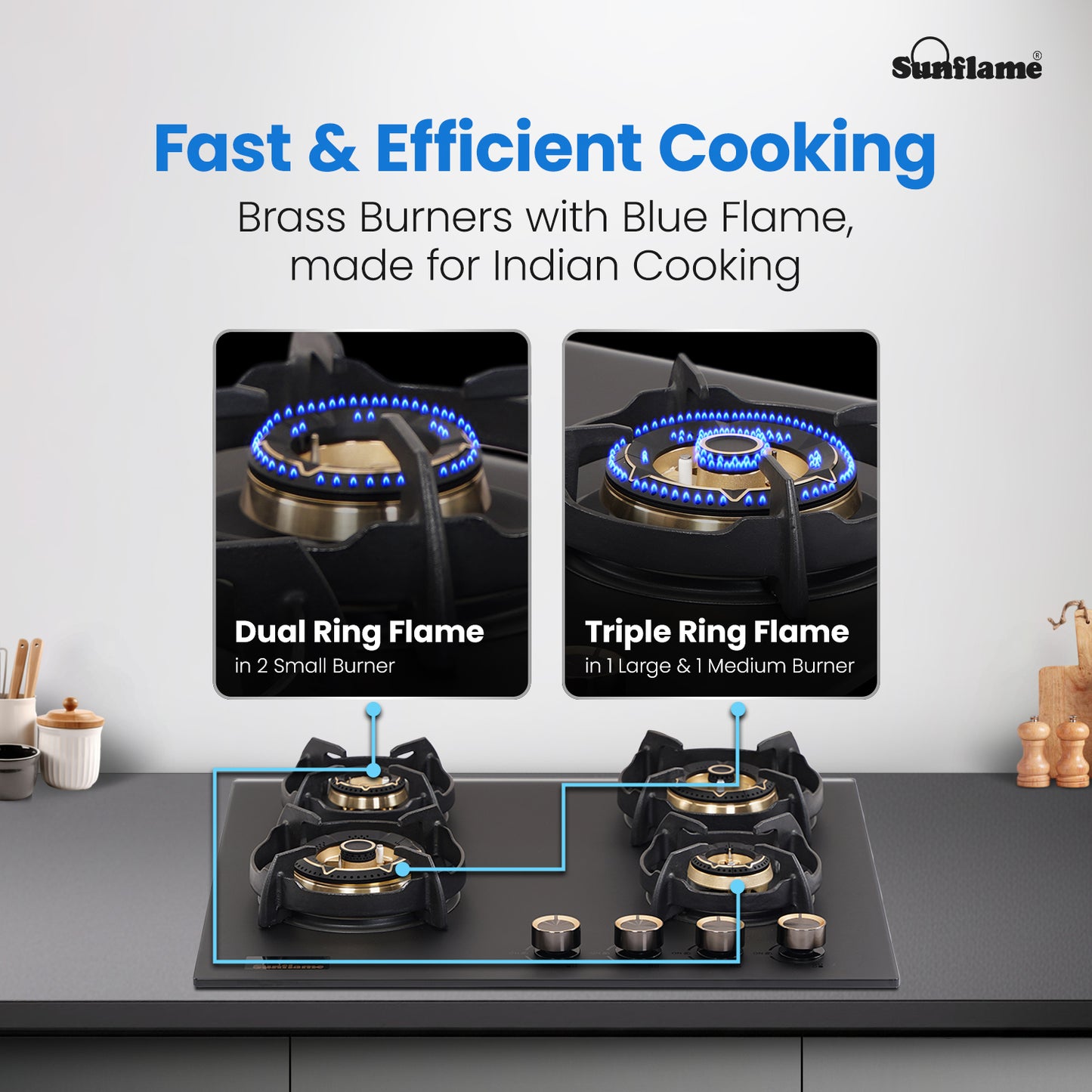 SHA 460 OBR 4 Burner Built-In & Countertop Flexi Hob 60 cm Wide | Flame Failure Device | 10 Year Glasstop Warranty