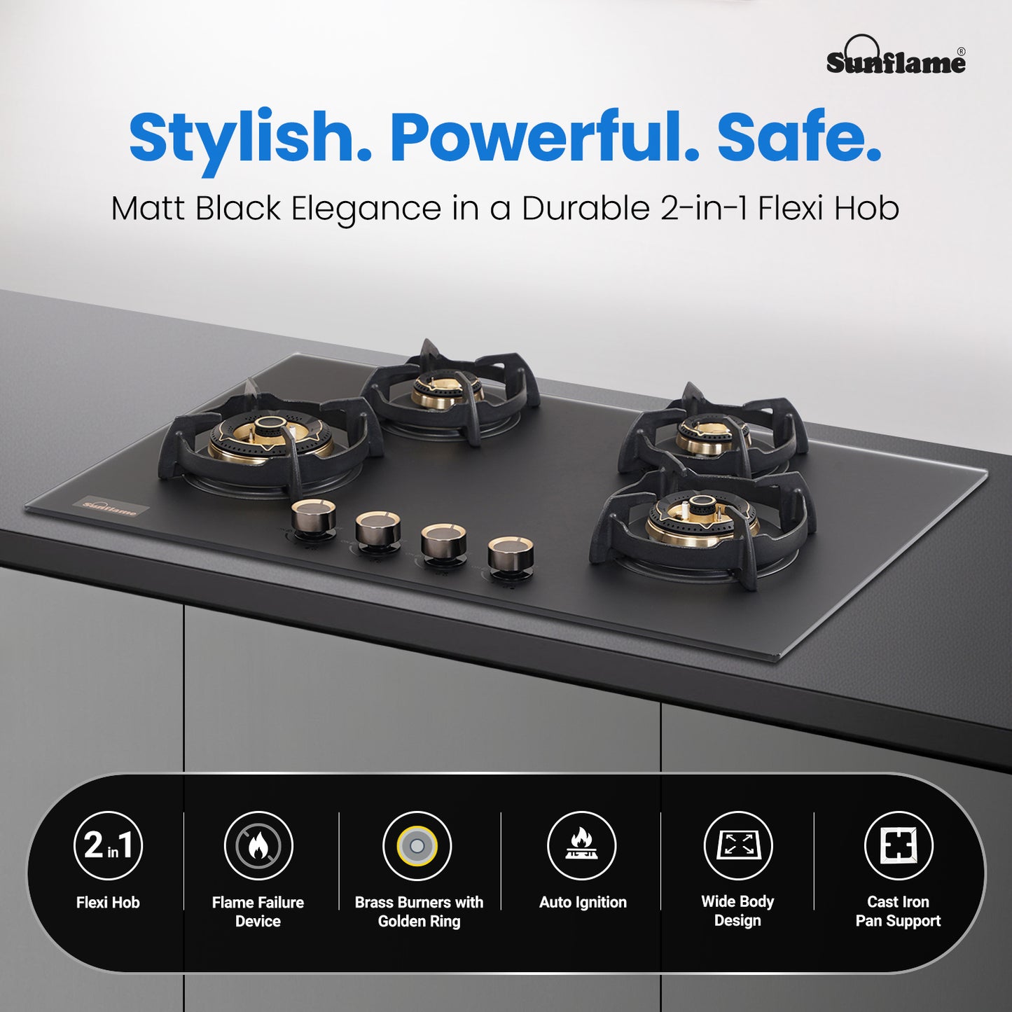 SHA 480 OBR 4 Burner Built-In & Countertop Flexi Hob 80 cm Wide | Flame Failure Device | 10 Year Glasstop Warranty