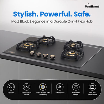 SHA 480 OBR 4 Burner Built-In & Countertop Flexi Hob 80 cm Wide | Flame Failure Device | 10 Year Glasstop Warranty