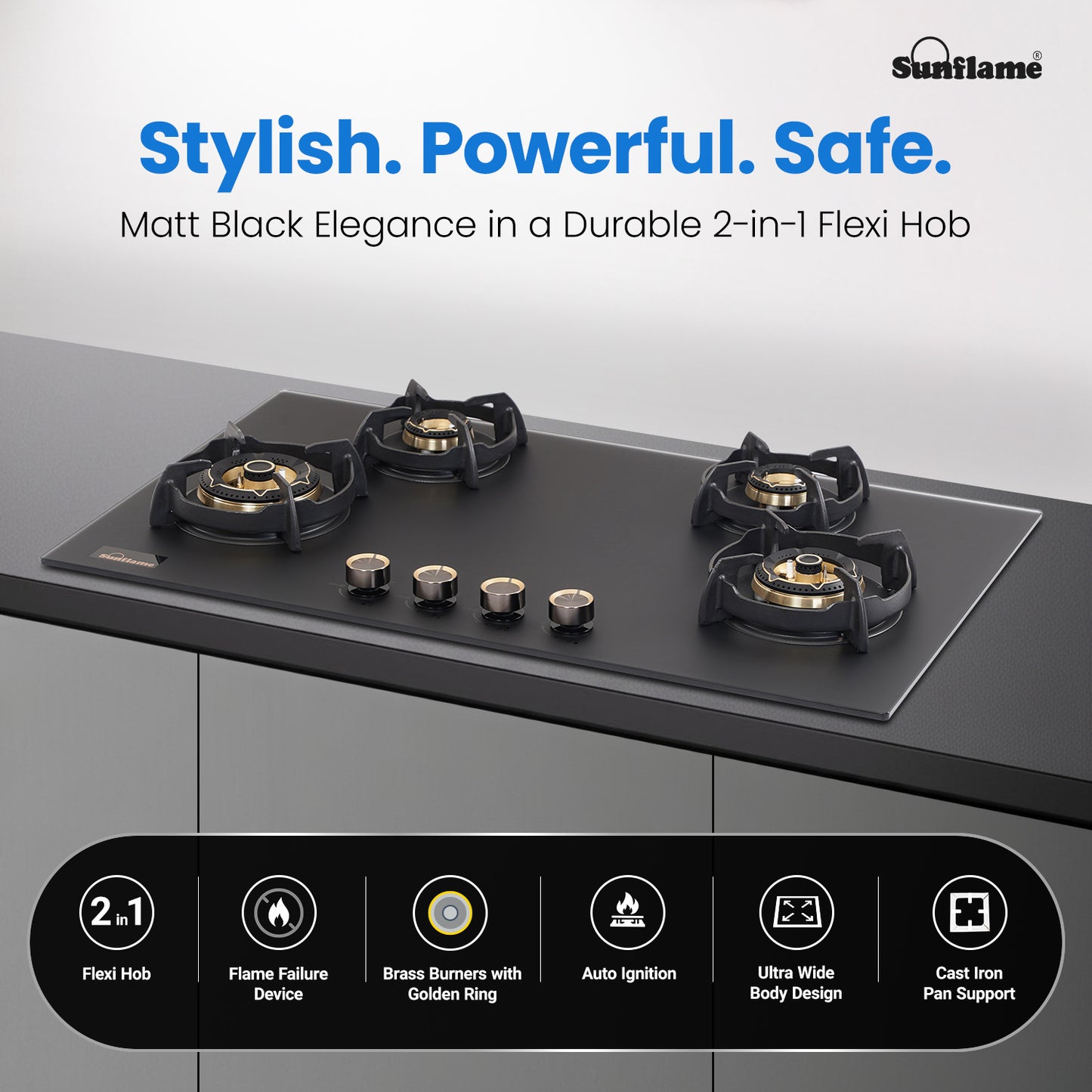 SHA 487 OBR 4 Burner Built-In & Countertop Flexi Hob 87 cm Wide | Flame Failure Device | 10 Year Glasstop Warranty