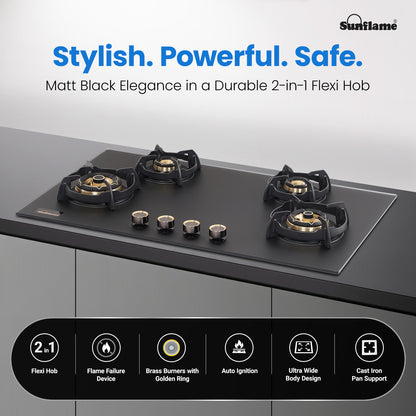 SHA 487 OBR 4 Burner Built-In & Countertop Flexi Hob 87 cm Wide | Flame Failure Device | 10 Year Glasstop Warranty