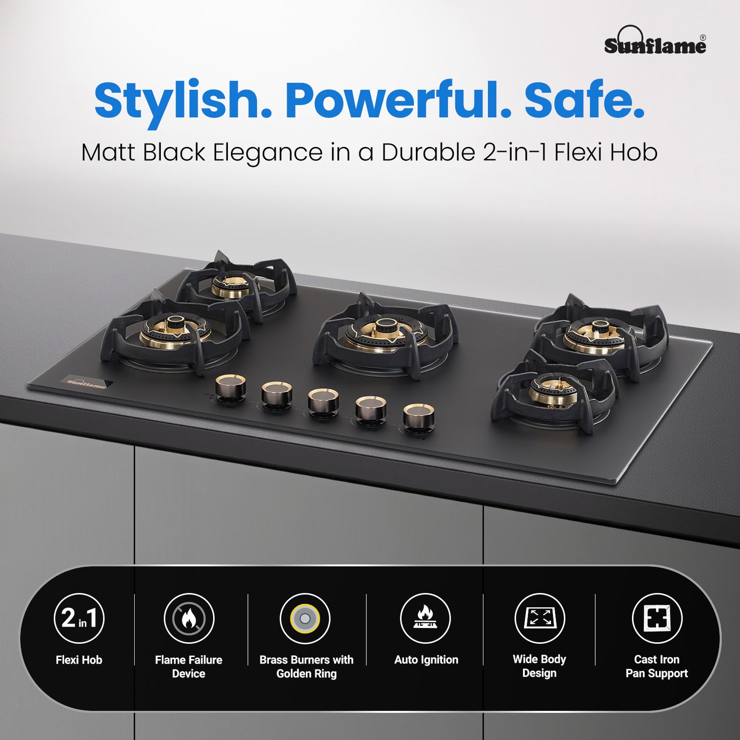 SHA 587 OBR 5 Burner Built-In & Countertop Flexi Hob 87 cm Wide | Flame Failure Device | 10 Year Glasstop Warranty