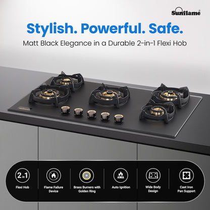 SHA 587 OBR 5 Burner Built-In & Countertop Flexi Hob 87 cm Wide | Flame Failure Device | 10 Year Glasstop Warranty