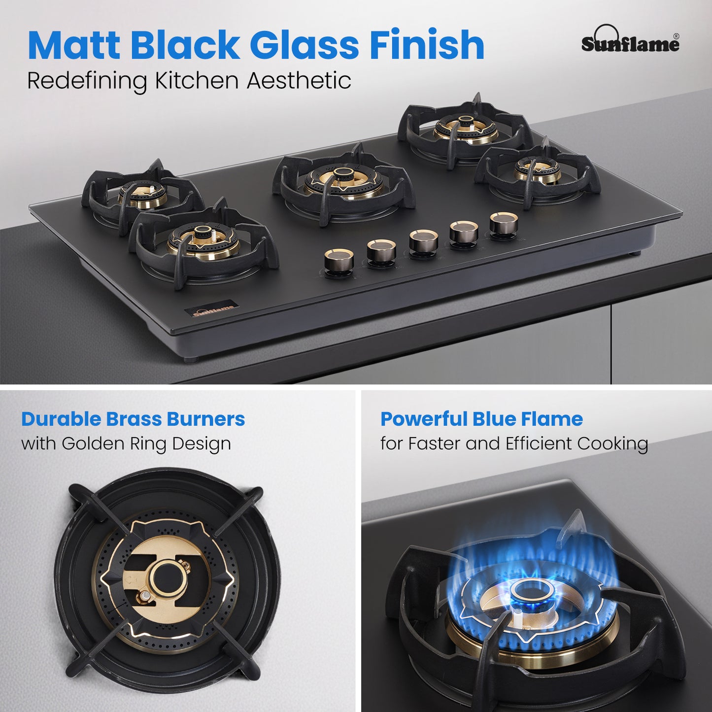 SHA 587 OBR 5 Burner Built-In & Countertop Flexi Hob 87 cm Wide | Flame Failure Device | 10 Year Glasstop Warranty