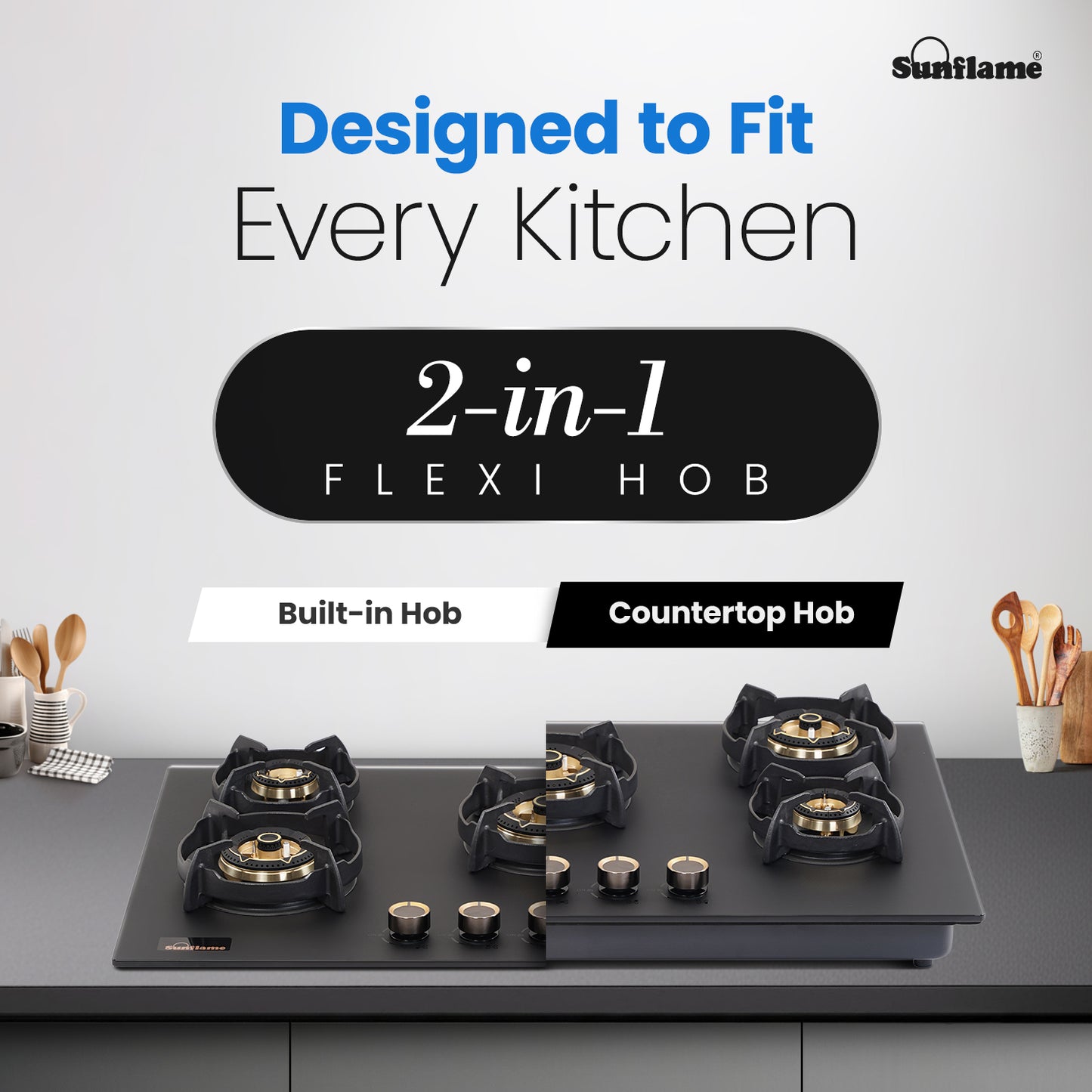 SHA 587 OBR 5 Burner Built-In & Countertop Flexi Hob 87 cm Wide | Flame Failure Device | 10 Year Glasstop Warranty