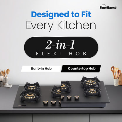 SHA 587 OBR 5 Burner Built-In & Countertop Flexi Hob 87 cm Wide | Flame Failure Device | 10 Year Glasstop Warranty