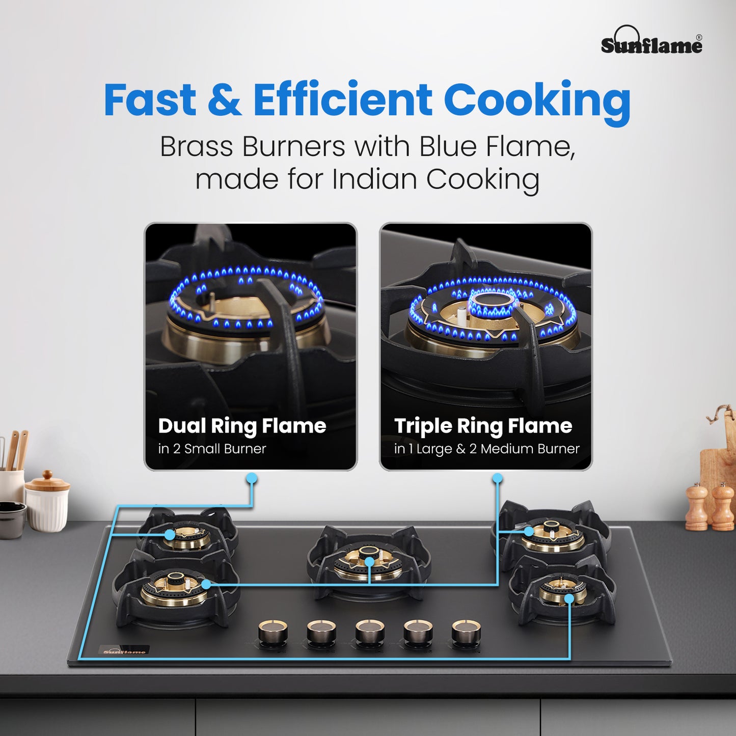 SHA 587 OBR 5 Burner Built-In & Countertop Flexi Hob 87 cm Wide | Flame Failure Device | 10 Year Glasstop Warranty