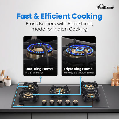 SHA 587 OBR 5 Burner Built-In & Countertop Flexi Hob 87 cm Wide | Flame Failure Device | 10 Year Glasstop Warranty
